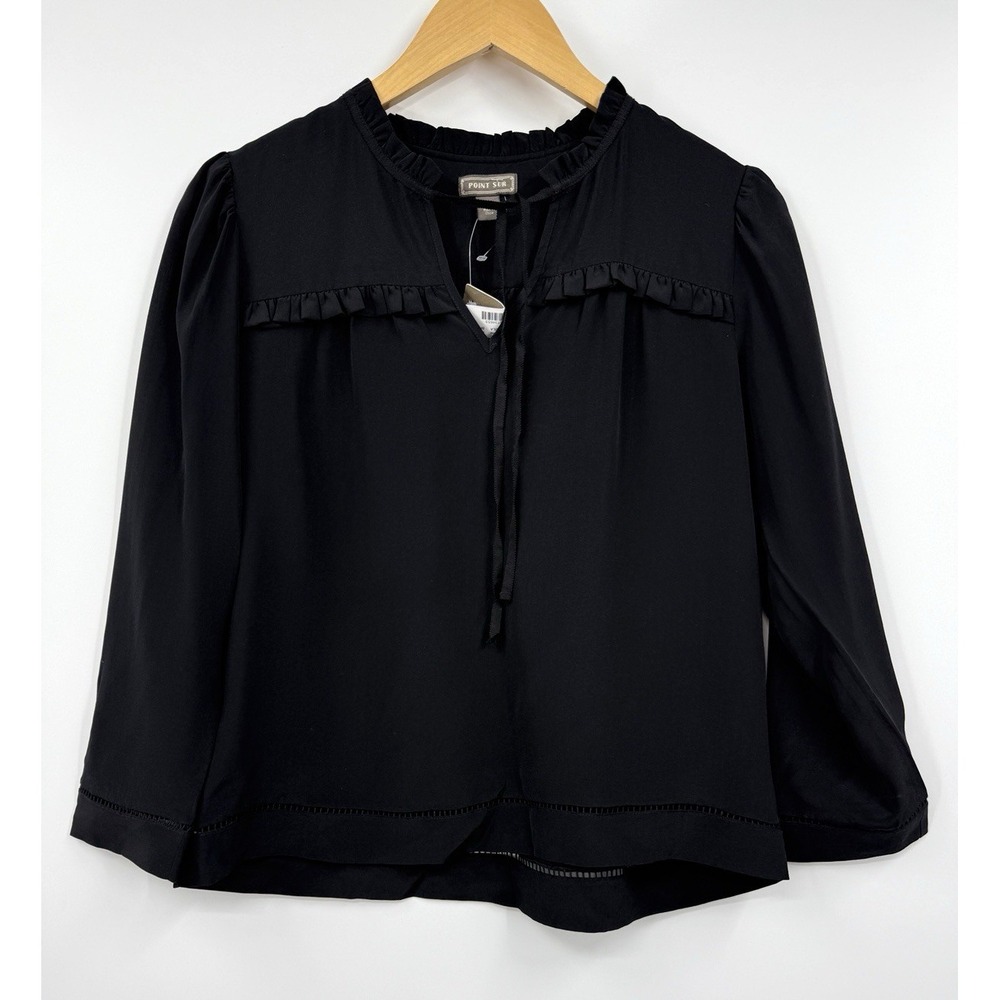 J‎ Crew Point Sur Top Womens Silk Black Pullover Ruffle Shirt Size XS New